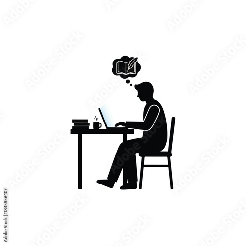 Silhouette of a person studying on a laptop with a book in a thought bubble