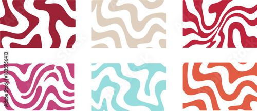 Retro Abstract Wavy Swirl Seamless Pattern Collection. Minimalist Aesthetic Liquid Style Backgrounds Set for Fabric, Textile. Abstract Liquid Swirl Groovy Seamless Pattern Set.