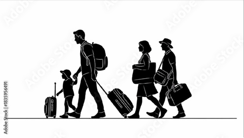 High-quality black silhouette line art of a group of travelers pulling suitcases through an airport terminal, walking together in a modern travel scene