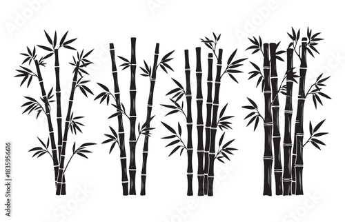 Stylized black silhouette of lush bamboo stalks with delicate leaves against a white background