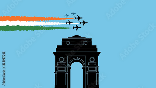 Illustration of India Gate with planes leaving tricolor smoke trails in the sky.