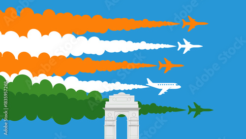 Illustration of India's Independence Day with planes leaving trails of the Indian flag colors.