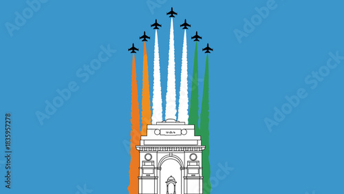 Illustration of India Gate with jets flying above, leaving trails of saffron, white, and green.