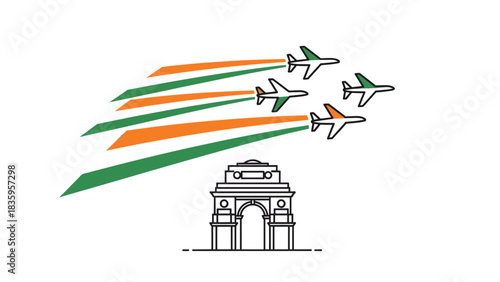 Illustration of planes flying over India Gate with tricolor smoke trails.