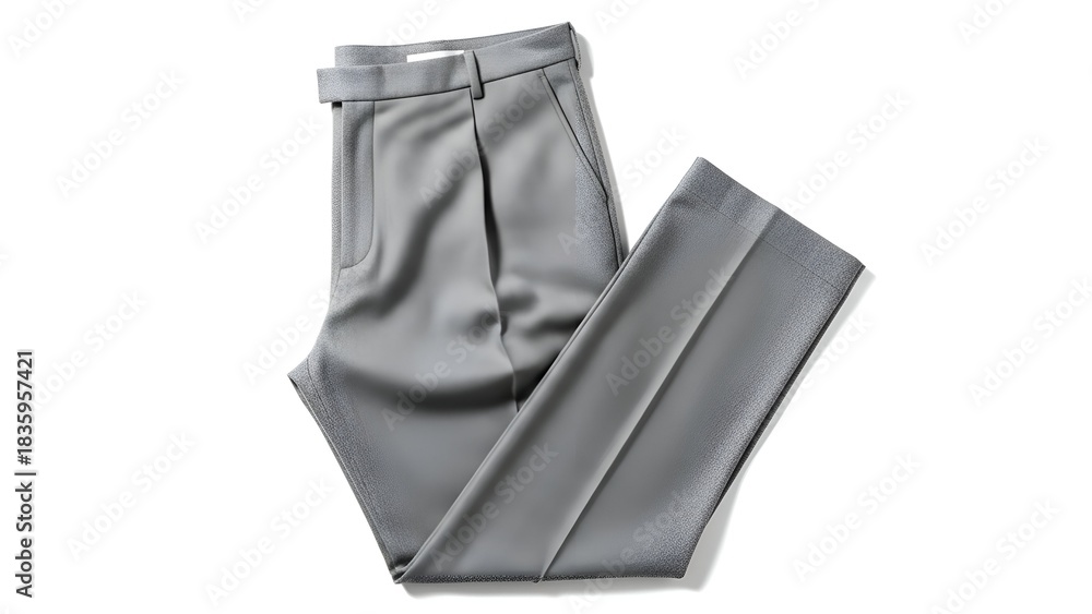 Naklejka premium Flat lay of modern, gray dress pants, folded neatly on white backdrop