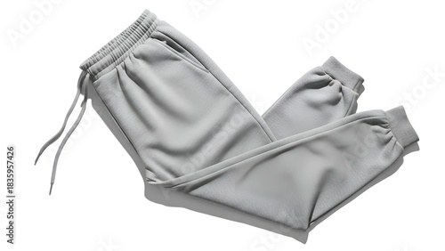Light gray, folded sweatpants with drawstring, angled on a white background