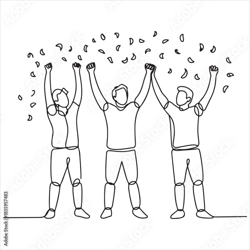 Continuous line art depicting three joyful individuals united in celebration, arms raised high in triumphant success amidst a confetti shower