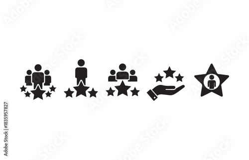 Collection of icons representing customer reviews ratings and user feedback with stars and people silhouettes