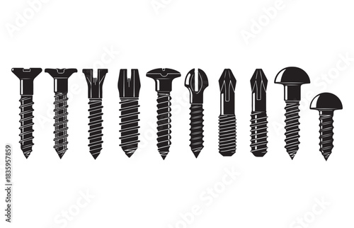Collection of various metal screws and fasteners with different head types and threading patterns
