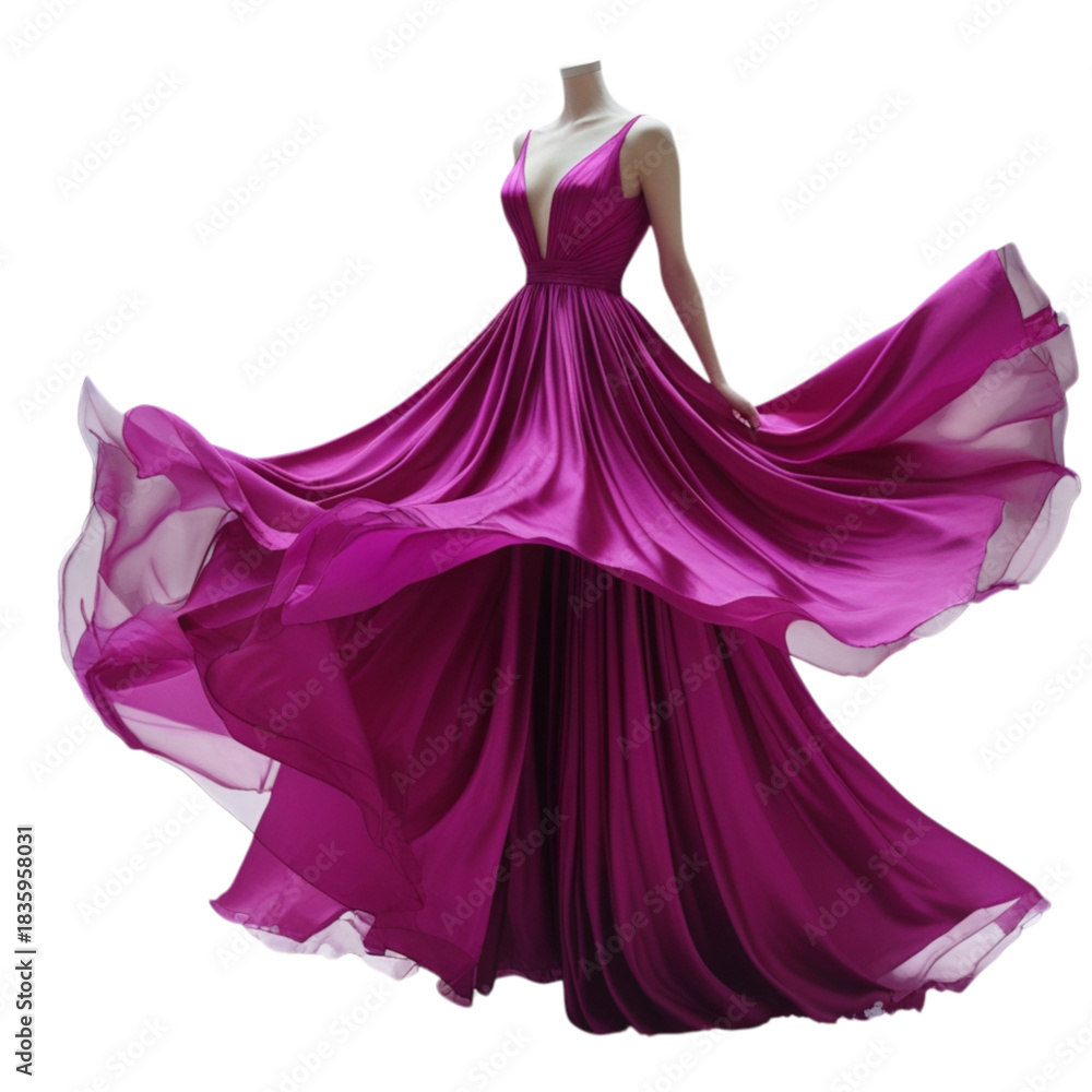 Obraz premium Elegant flowing fuchsia pink chiffon gown with a deep v neckline and dramatic full skirt