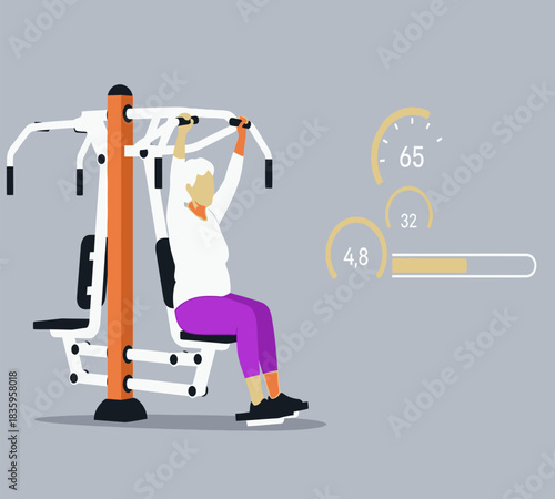 Active senior woman exercising on outdoor chest press machine for strength and fitness in a public park promoting healthy aging