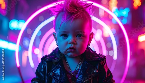 Fototapeta Naklejka Na Ścianę i Meble -  A baby with a pink mohawk and leather jacket in a vibrant neon cyberpunk city.