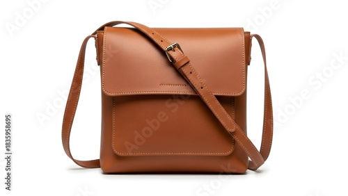 Tan leather crossbody bag with flap and front pocket, set against a bright white background
