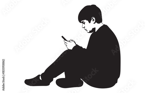 Sitting Boy Silhouette Using Smartphone Mobile Device Teenager Technology Vector Illustration Modern Digital Concept