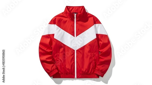 A red and white track jacket with a prominent chevron design against a white backdrop