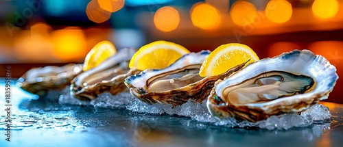 Fototapeta Naklejka Na Ścianę i Meble -  Fresh Oysters on Ice with Lemon Wedges