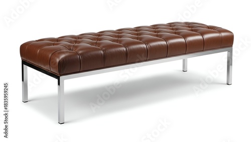 Brown tufted leather bench with chrome legs, a modern furniture piece on white background