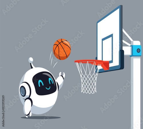 Futuristic robot playing basketball aiming for the hoop with a smile representing artificial intelligence in sports and technological advancement in recreation