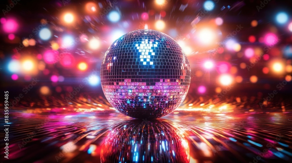 Obraz premium Shiny disco ball reflecting colorful vibrant lights and glowing orbs creating a festive energetic atmosphere