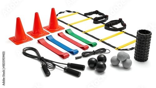 Assortment of fitness equipment cones, ladder, bands, rope, balls, roller