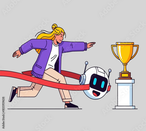 Woman racing against robot to win trophy crossing the finish line with determination and focus in a competitive technology landscape