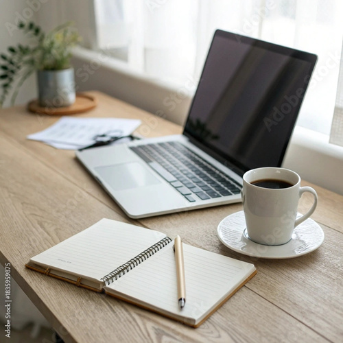 Desk with laptop notebook pen and coffee cup on wooden table