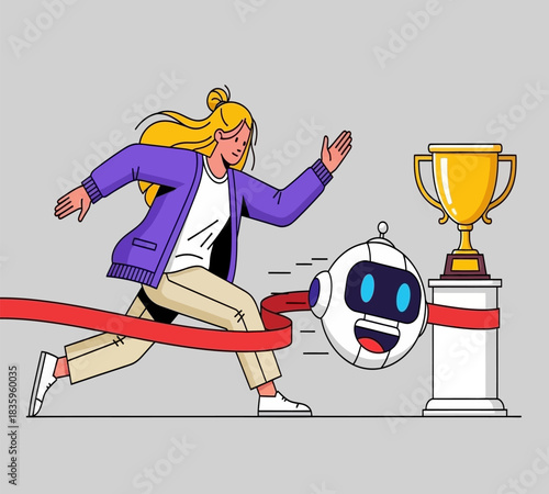 Woman racing against a robot to win a trophy illustrating the competition between humans and artificial intelligence in business and technology