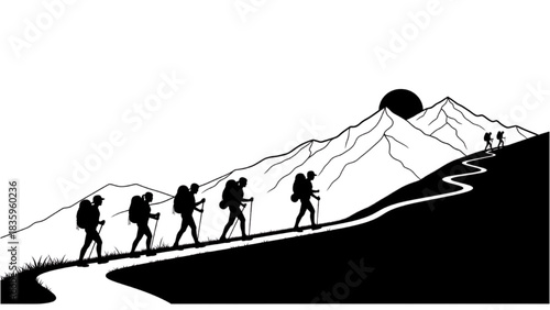 High-quality black silhouette line art of a line of trekkers walking together on a winding mountain trail, scenic outdoor adventure, teamwork and hiking journey
