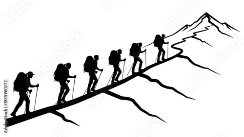 Silhouette Line Art of Group Hiking in Single File on Mountain Trail