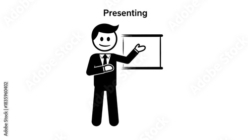 Presenting the Concept: A simple illustration shows a person giving a presentation using a whiteboard, emphasizing the simplicity of conveying ideas and the importance of clear communication.