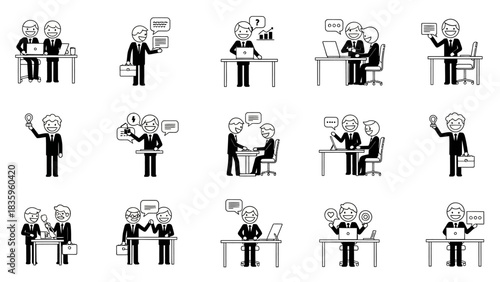 Business Collaboration: A collection of monochromatic illustrations of individuals collaborating in various business settings, engaging in discussions and teamwork.