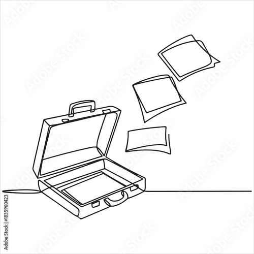 Single continuous line drawing of an open business briefcase with paper documents flying out, symbolizing work or data concepts