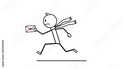Running with Love Letter: A whimsical illustration of a stick figure running with a letter adorned with a heart, capturing the thrill of a heartfelt message.