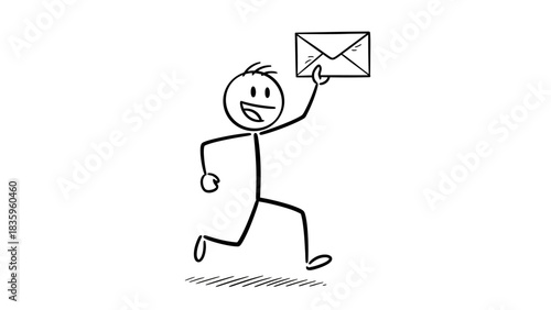 Message Delivery: A cartoon figure exuberantly dashes forward, a message clutched high, symbolizing timely communication and news.