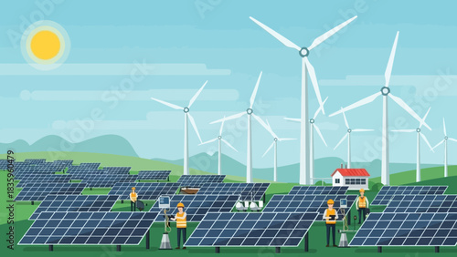 Renewable Energy Revolution: A vibrant illustration depicts solar panels and wind turbines working together, representing the future of sustainable energy.