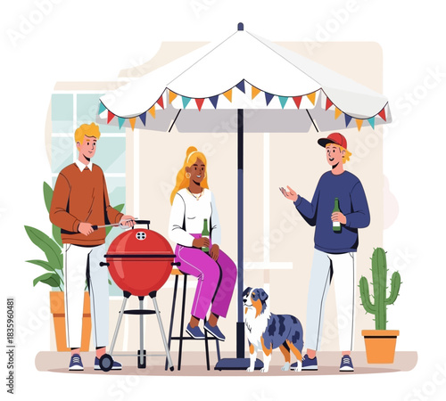 Outdoor barbecue party with friends and family enjoying grilled food under a festive umbrella on a sunny day in the backyard