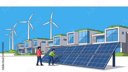Clean Energy Innovation: Two workers diligently install solar panels, symbolizing commitment to sustainable energy and harmonious coexistence with nature. Wind turbines gracefully turn nearby.
