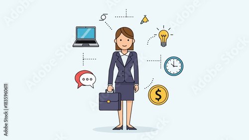 Successful Businesswoman's World: An animated depiction of a business professional at work, surrounded by symbols of strategy, innovation, and efficiency, embodying her proactive approach.