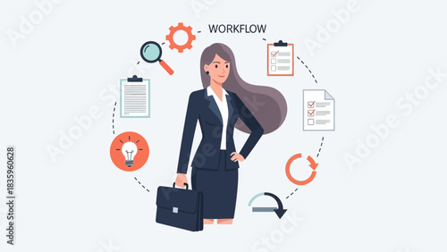 Businesswoman's Workflow: A dynamic illustration showing a confident businesswoman in a suit surrounded by the essential elements of workflow processes, business concepts and ideas. 