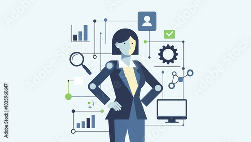 Empowered Analytics: A confident female professional stands poised amidst a network of data visualizations.