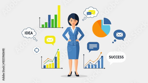 Confident Woman with Business Analytics: A poised businesswoman stands surrounded by graphic representations of data and analysis, signifying business acumen and strategic thinking.