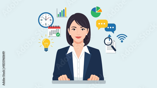 Business woman with business icon: A professional woman surrounded by business icons representing time management, data analysis, ideas, planning and communication.