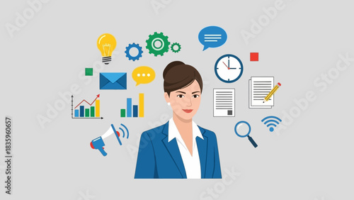 Strategic Vision: A professional woman is surrounded by an array of digital business elements, showing the fusion of leadership and technological tools in the professional environment.