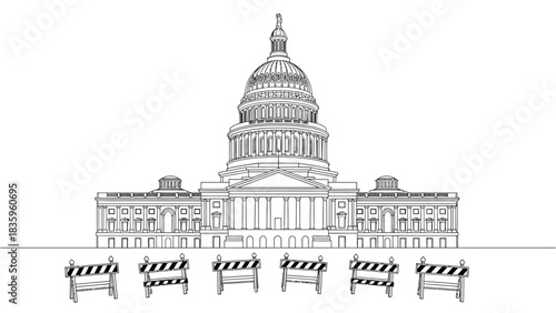 The Capitol Building : The United States Capitol, a symbol of democracy, stands with barriers erected, portraying an atmosphere of restriction. 