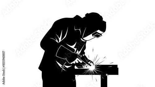 Welding Silhouette: A focused individual in protective gear welds metal, sparks flying in a display of skilled craftsmanship, representing the essence of industry and technical skill.