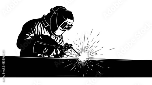 Industrial Sparks: A skilled welder, shielded by a protective helmet, works with focused precision, creating sparks in an industrial setting. Capturing the artistry and power of modern construction.