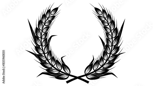 Stylized black and white illustration of a wheat ear wreath, symbolizing agriculture and harvest.