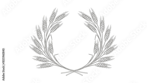 A symmetrical, monochrome illustration of a laurel wreath made of wheat stalks.