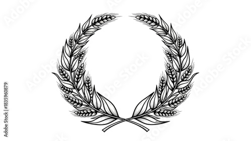 A black and white sketch of a laurel wreath made of wheat stalks, symbolizing victory and achievement.