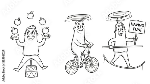 Black and white illustration of three cartoon characters performing various circus acts, including juggling apples, cycling with a spinning plate, and tightrope walking.